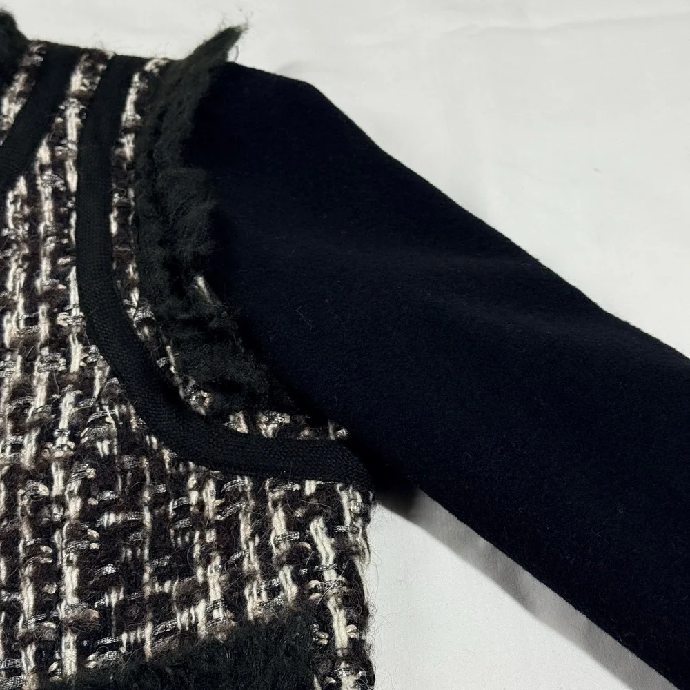 Tory Burch Tweed Fringe Jacket Size 8 Cropped Black Lined Boucle Wool‎ Blend